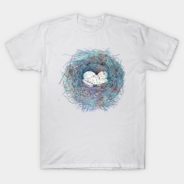 Painted Bird Nest Eggs Blue Watercolor T-Shirt by oknoki